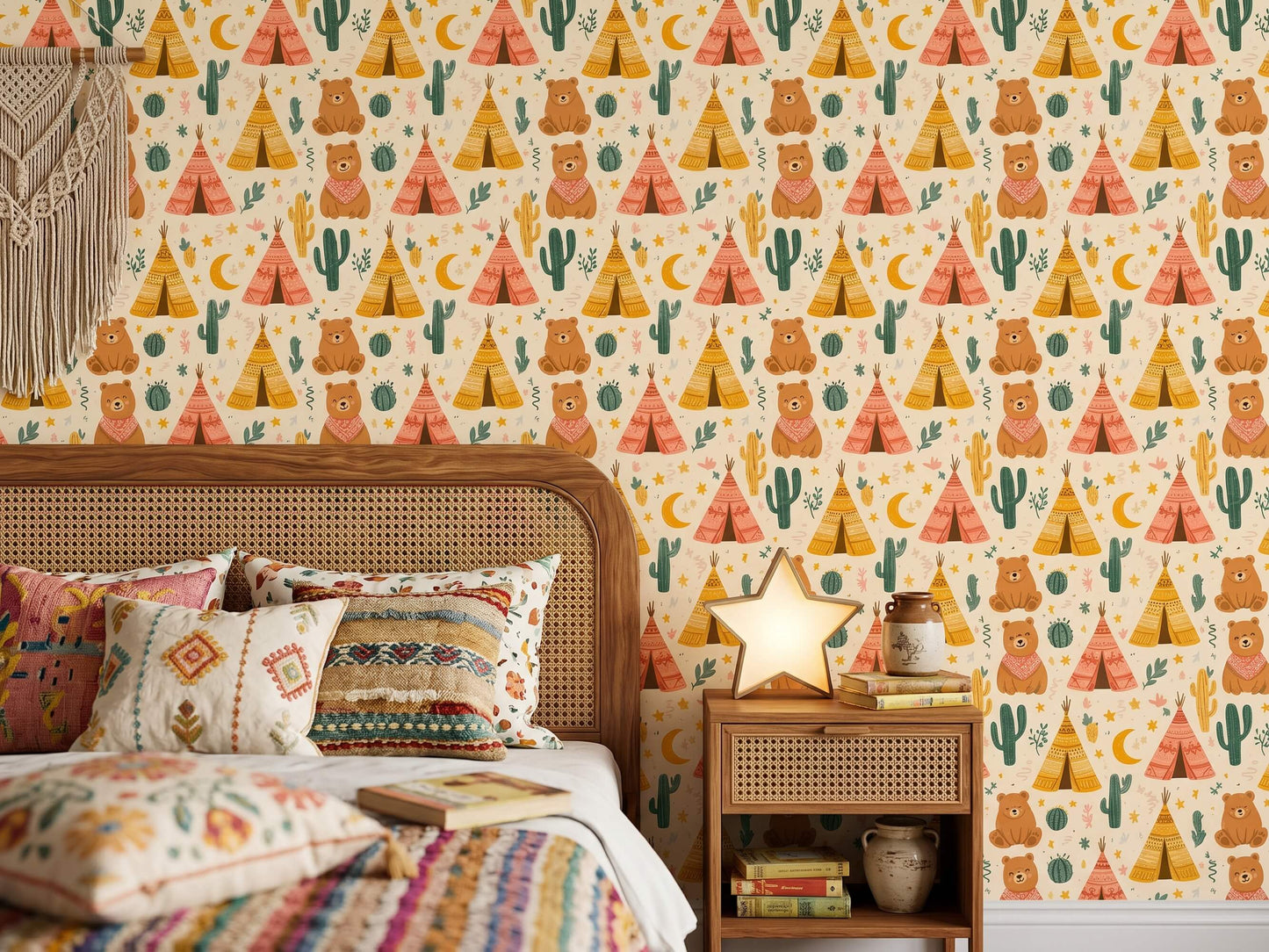 Boho Bear Teepee and Cactus Peel and Stick Wallpaper for Woodland Kids Room Mural