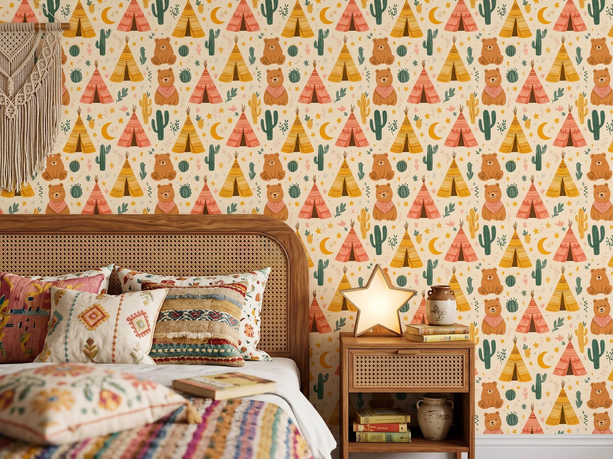 Boho Bear Teepee and Cactus Peel and Stick Wallpaper for Woodland Kids Room Mural