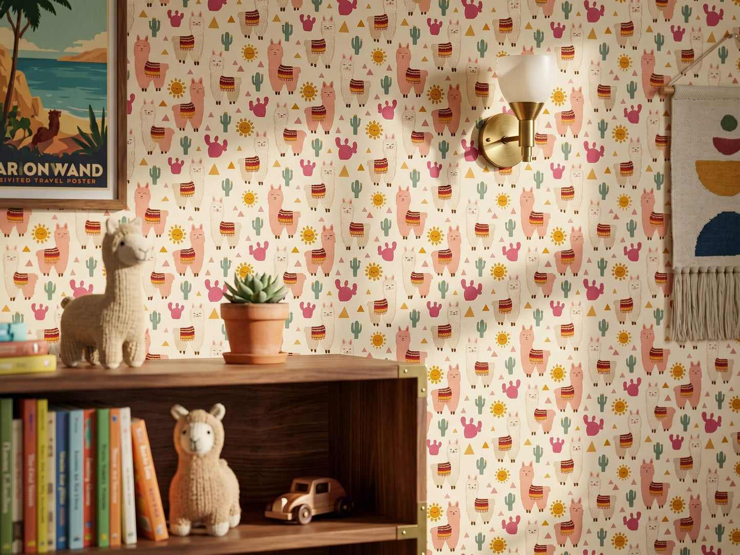 Boho Llama and Cactus Peel and Stick Wallpaper for Kids Playroom or Nursery
