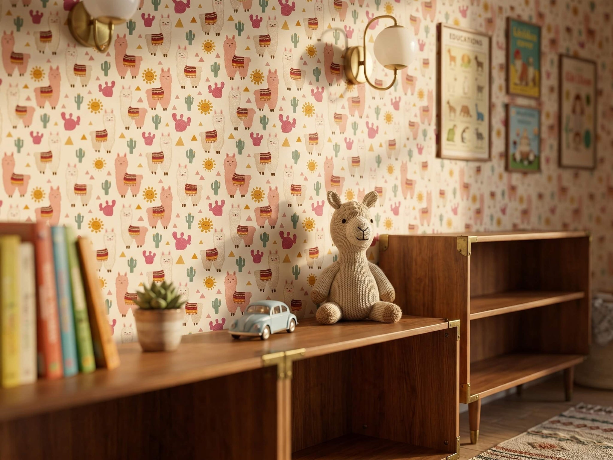 Boho Llama and Cactus Peel and Stick Wallpaper for Kids Playroom or Nursery