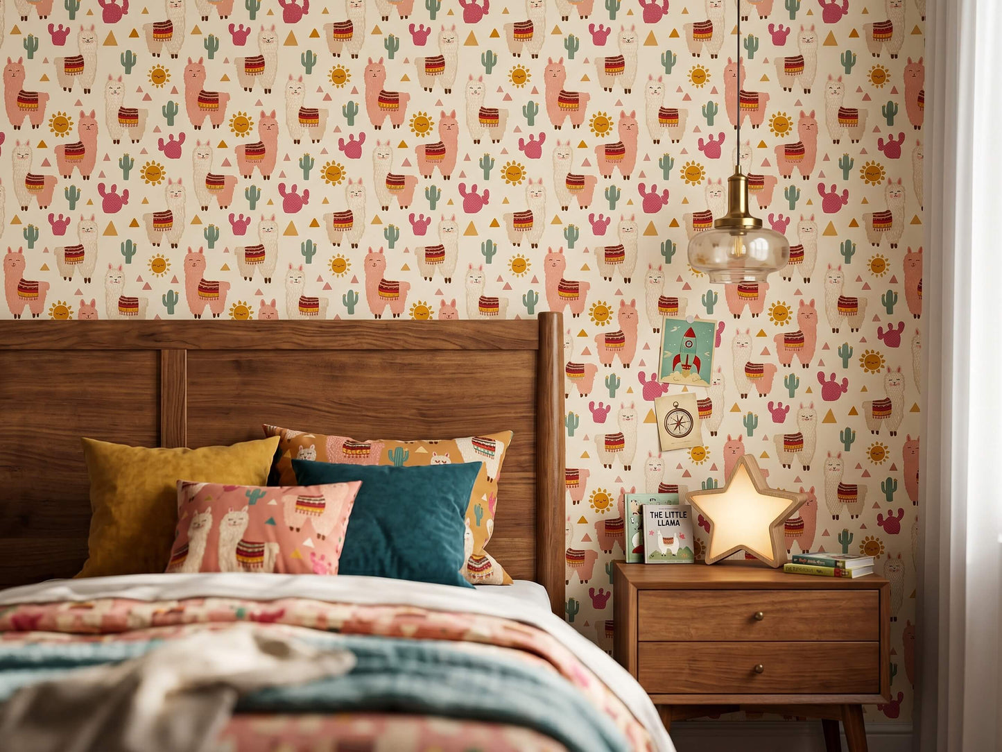 Boho Llama and Cactus Peel and Stick Wallpaper for Kids Playroom or Nursery