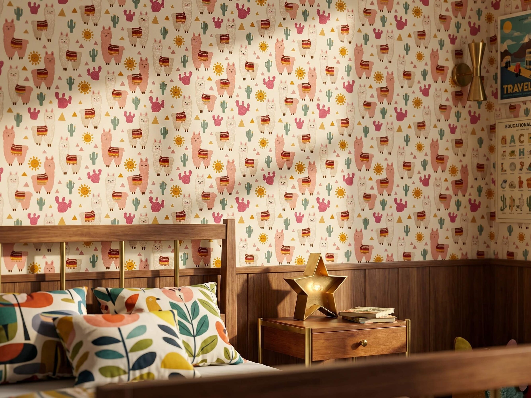 Boho Llama and Cactus Peel and Stick Wallpaper for Kids Playroom or Nursery