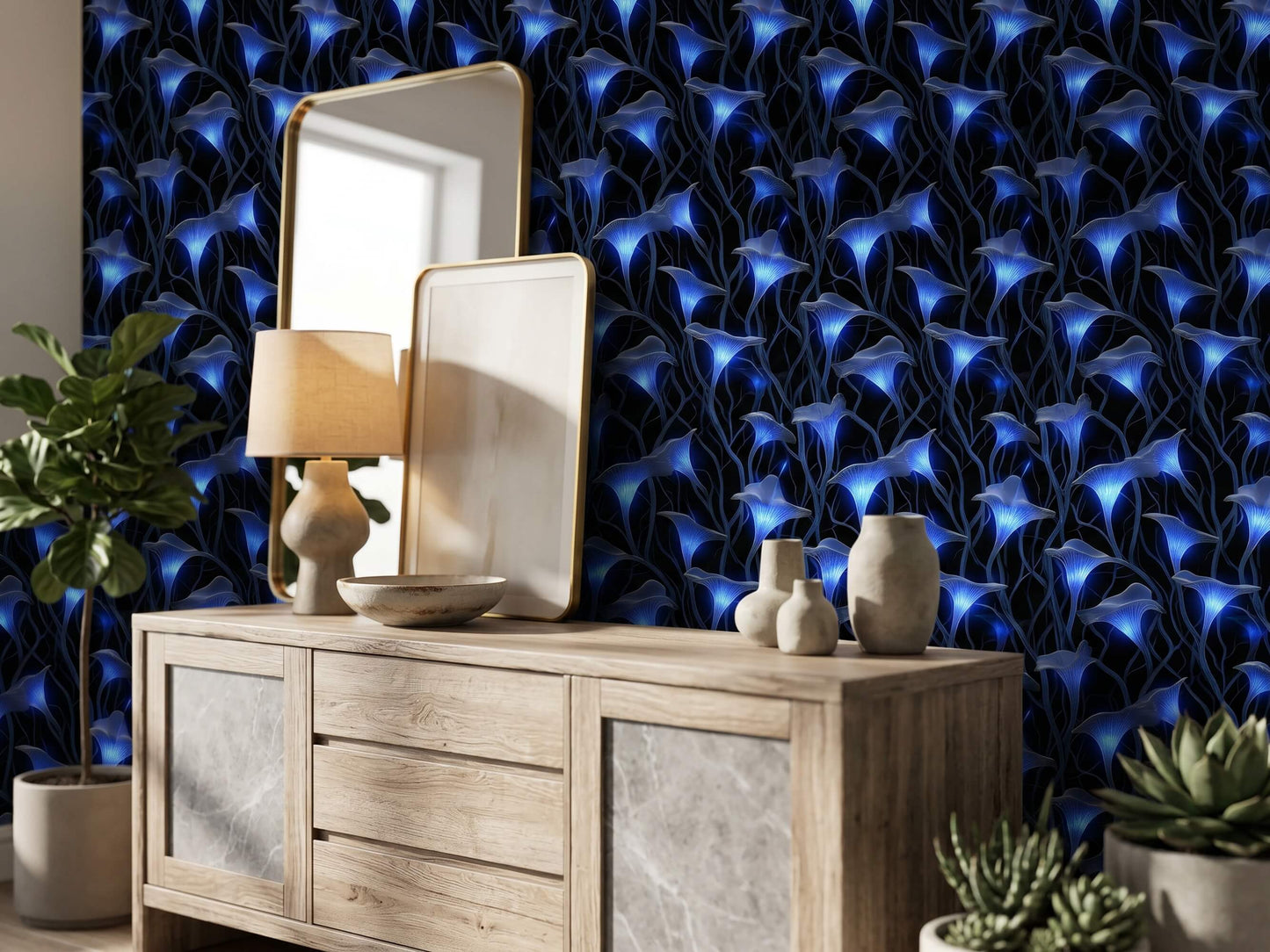 Glowing Blue Mushroom Peel and Stick Wallpaper: Magical Night Forest Mural