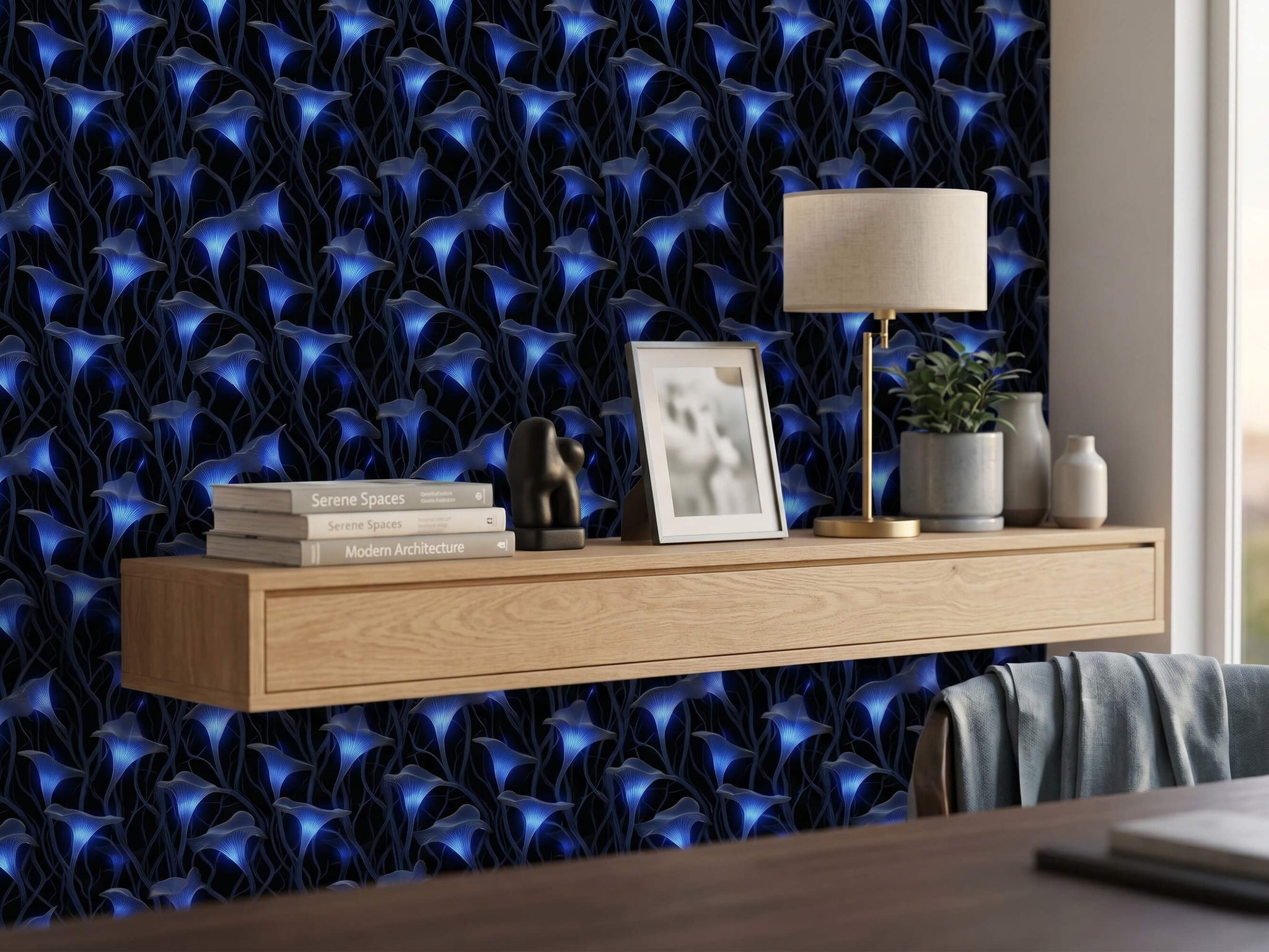 Glowing Blue Mushroom Peel and Stick Wallpaper: Magical Night Forest Mural