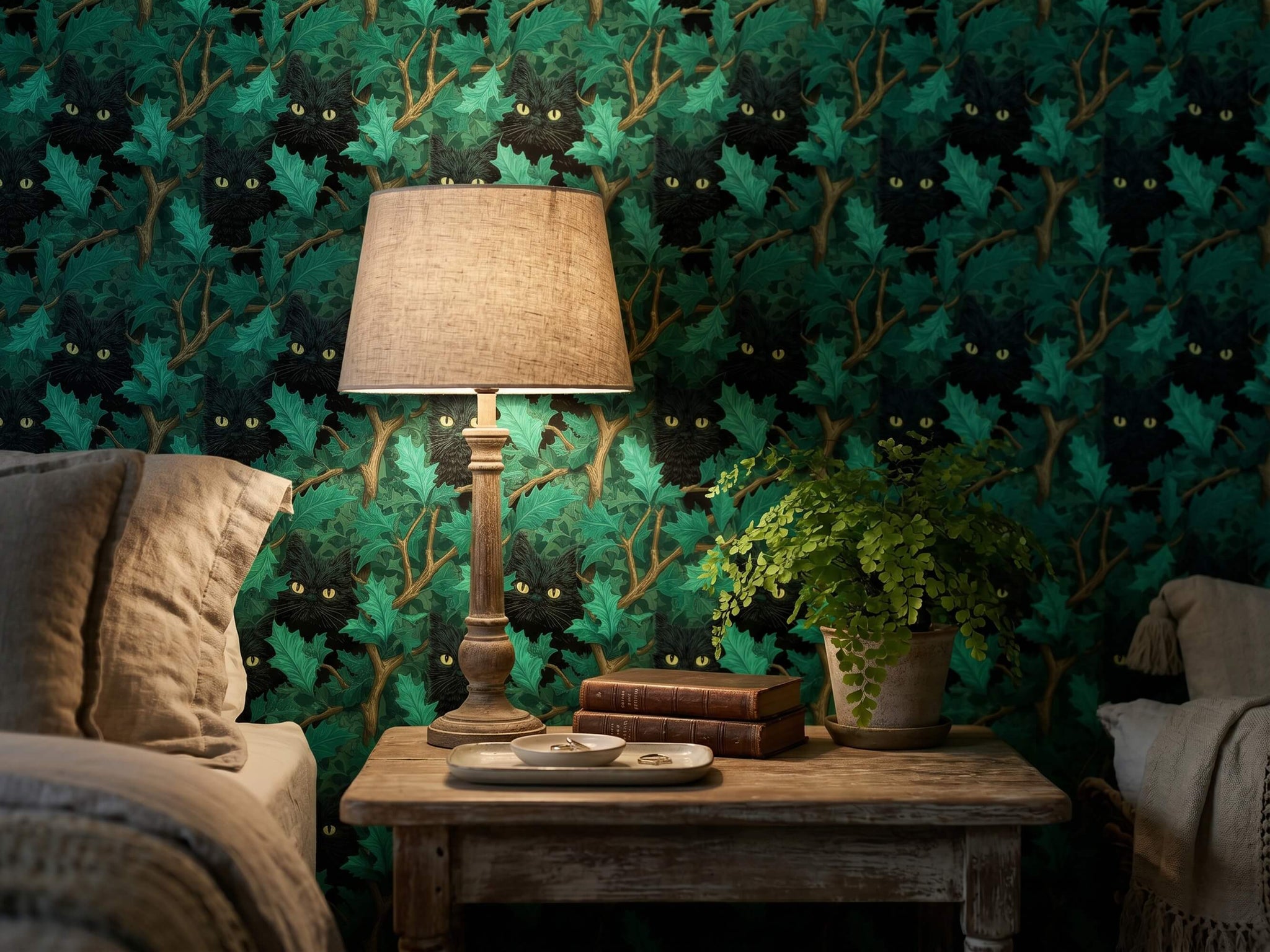 Black Cat Holly Leaf Wallpaper: Dark Gothic Mystical Forest Animal Wall Mural