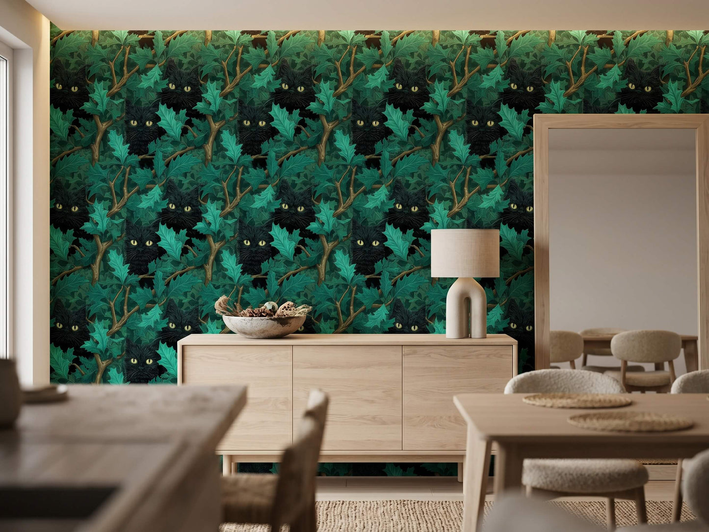 Black Cat Holly Leaf Wallpaper: Dark Gothic Mystical Forest Animal Wall Mural