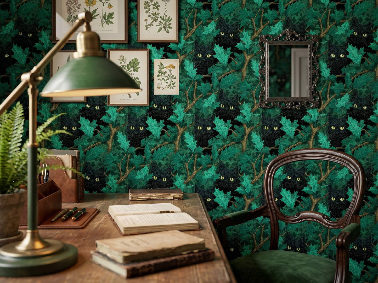 Black Cat Holly Leaf Wallpaper: Dark Gothic Mystical Forest Animal Wall Mural