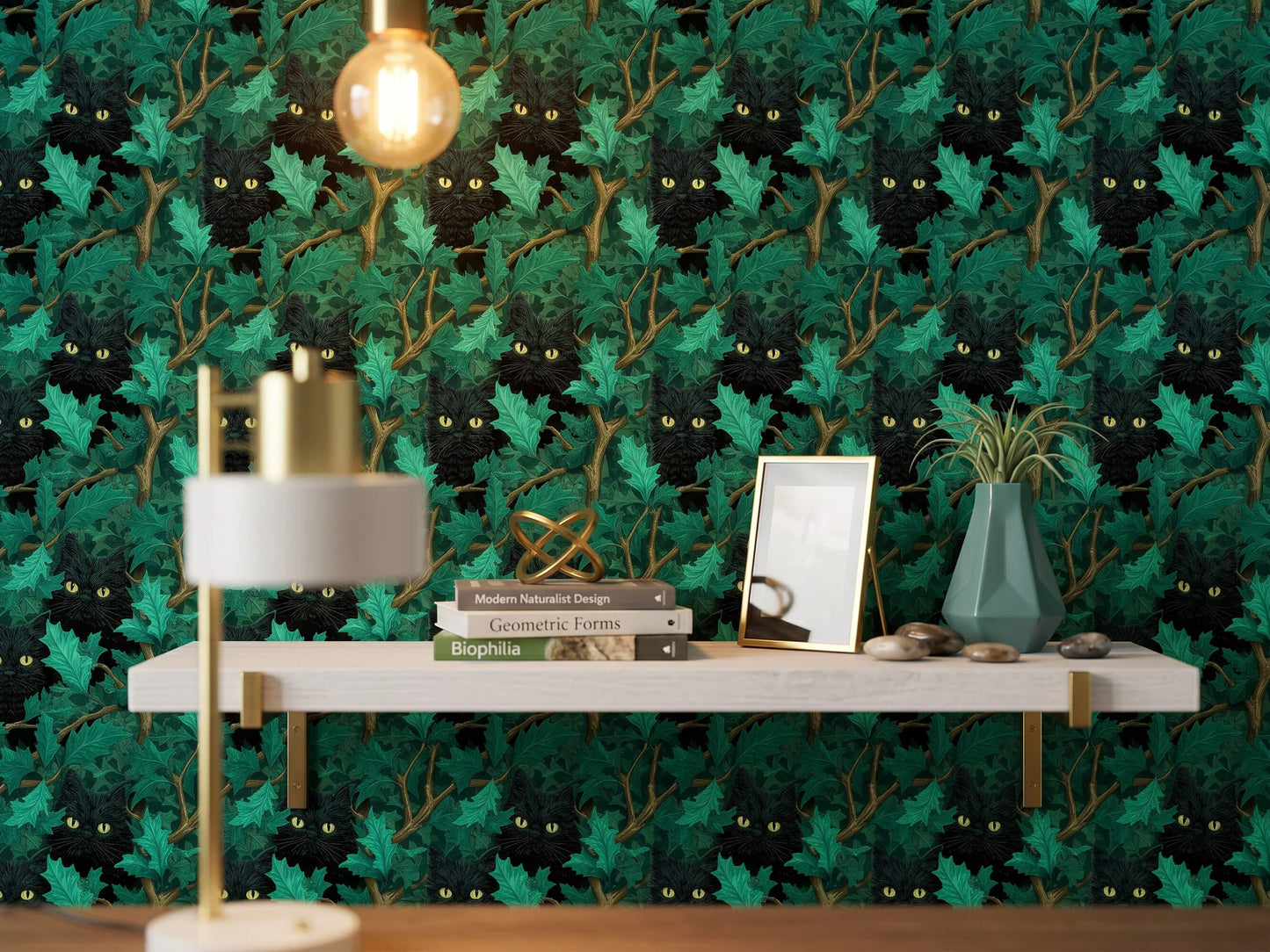 Black Cat Holly Leaf Wallpaper: Dark Gothic Mystical Forest Animal Wall Mural