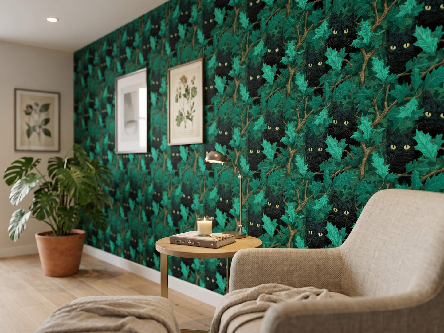 Black Cat Holly Leaf Wallpaper: Dark Gothic Mystical Forest Animal Wall Mural