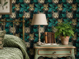 Colorful Cat Portrait Peel and Stick Wallpaper: Dark Teal Botanical Whimsical Animal Wall Mural