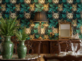 Colorful Cat Portrait Peel and Stick Wallpaper: Dark Teal Botanical Whimsical Animal Wall Mural