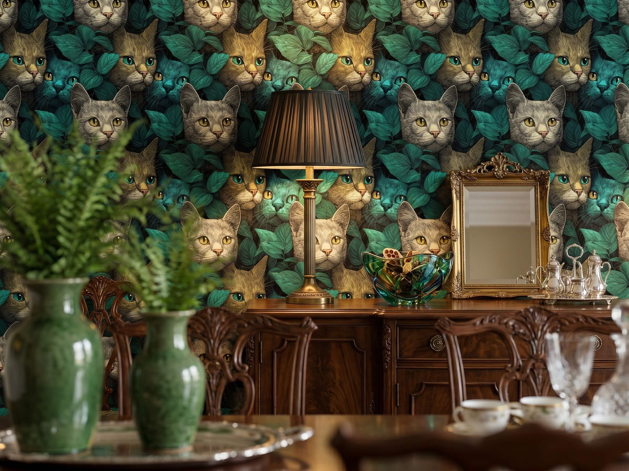 Colorful Cat Portrait Peel and Stick Wallpaper: Dark Teal Botanical Whimsical Animal Wall Mural