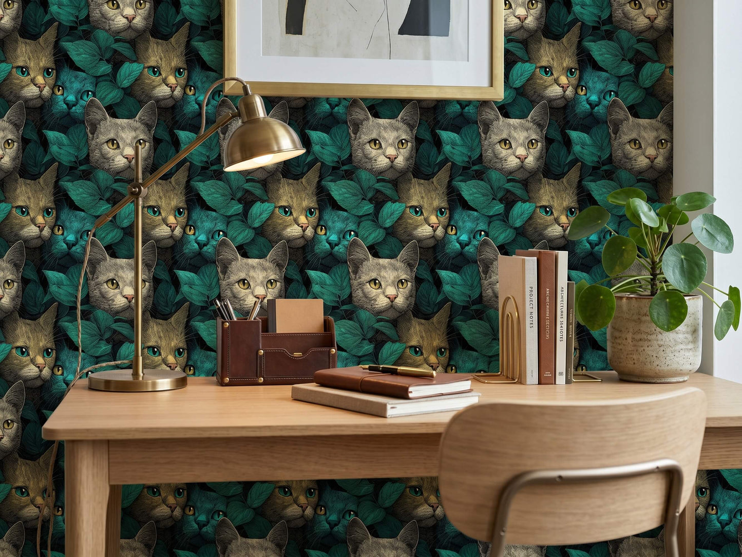 Colorful Cat Portrait Peel and Stick Wallpaper: Dark Teal Botanical Whimsical Animal Wall Mural