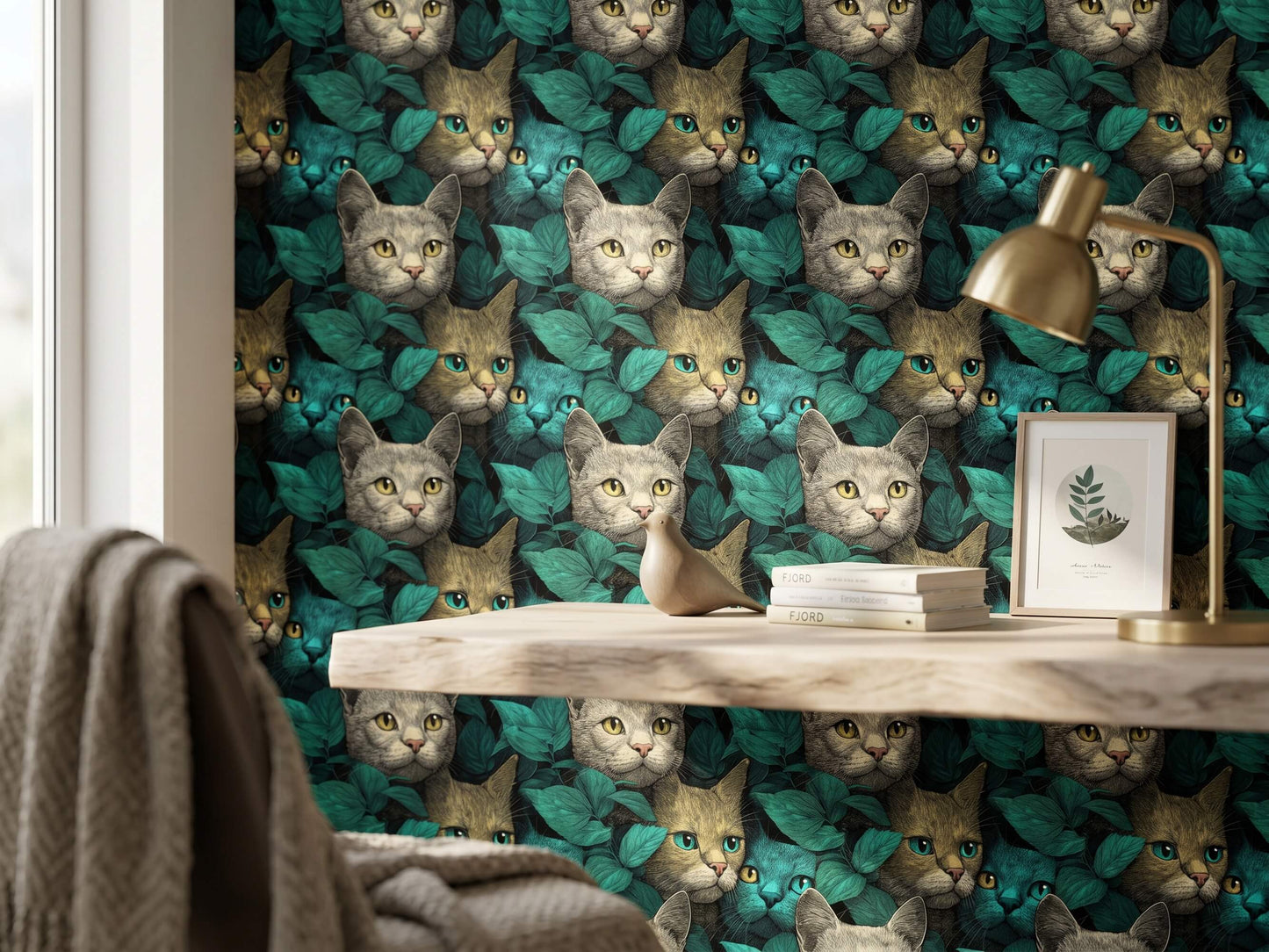 Colorful Cat Portrait Peel and Stick Wallpaper: Dark Teal Botanical Whimsical Animal Wall Mural