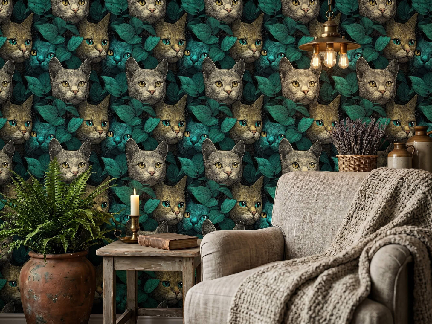 Colorful Cat Portrait Peel and Stick Wallpaper: Dark Teal Botanical Whimsical Animal Wall Mural