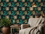 Colorful Cat Portrait Peel and Stick Wallpaper: Dark Teal Botanical Whimsical Animal Wall Mural