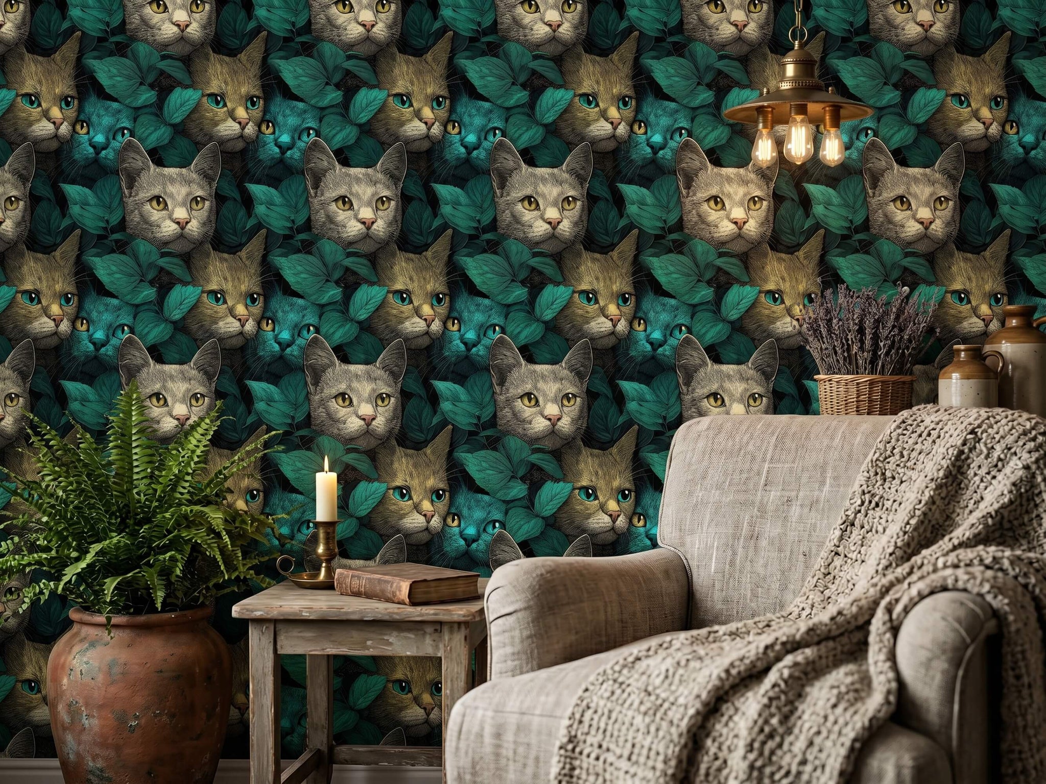 Colorful Cat Portrait Peel and Stick Wallpaper: Dark Teal Botanical Whimsical Animal Wall Mural