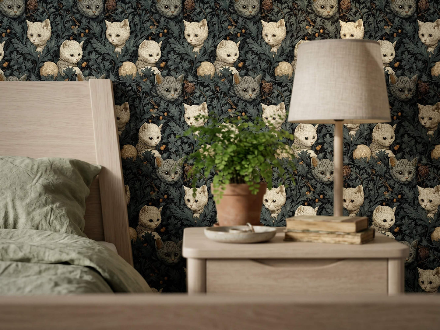 Quirky Cat Botanical Peel Stick Wallpaper: Moody Teal Jungle Room Mural