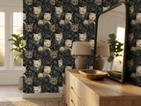 Quirky Cat Botanical Peel Stick Wallpaper: Moody Teal Jungle Room Mural