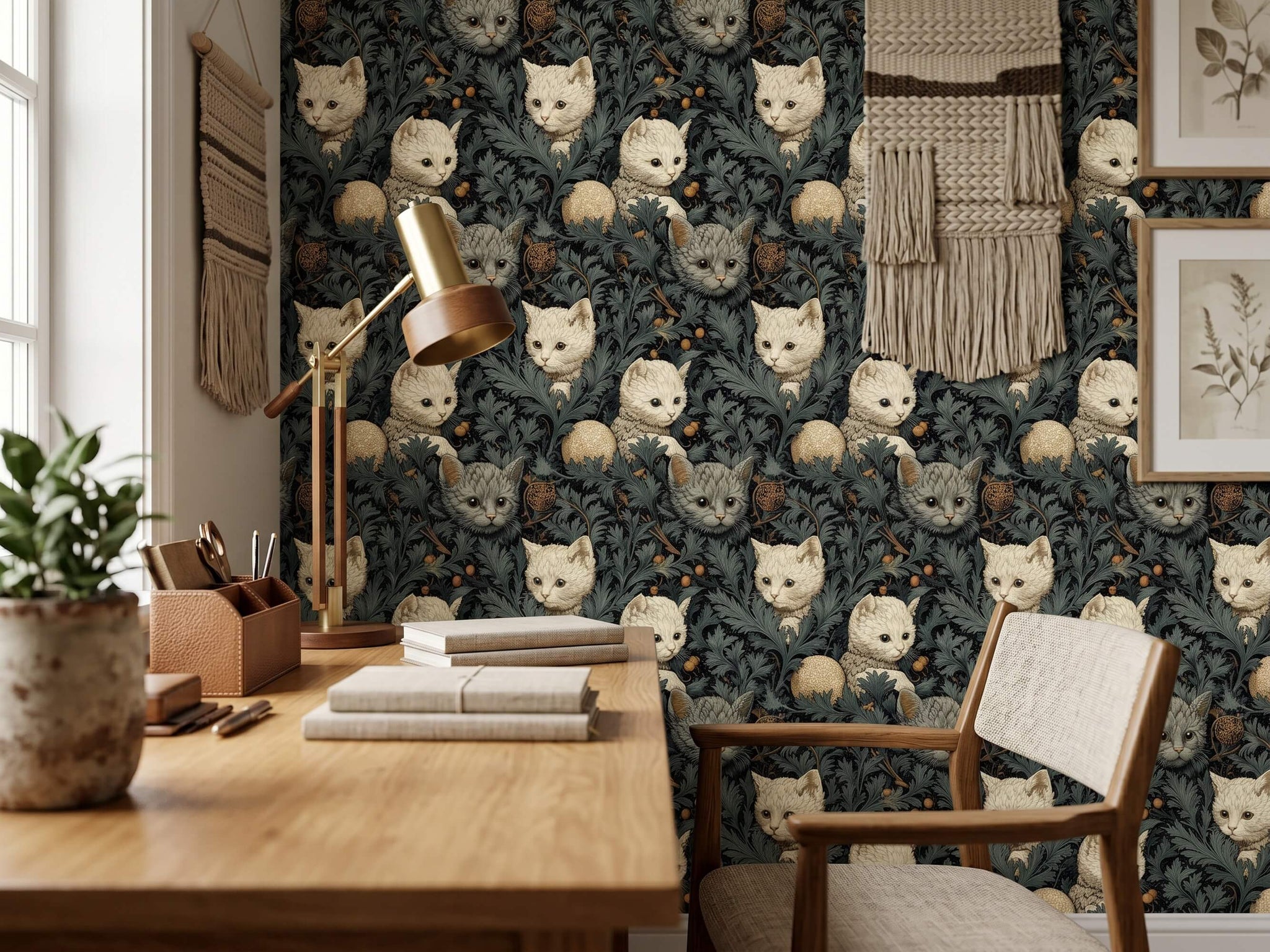 Quirky Cat Botanical Peel Stick Wallpaper: Moody Teal Jungle Room Mural