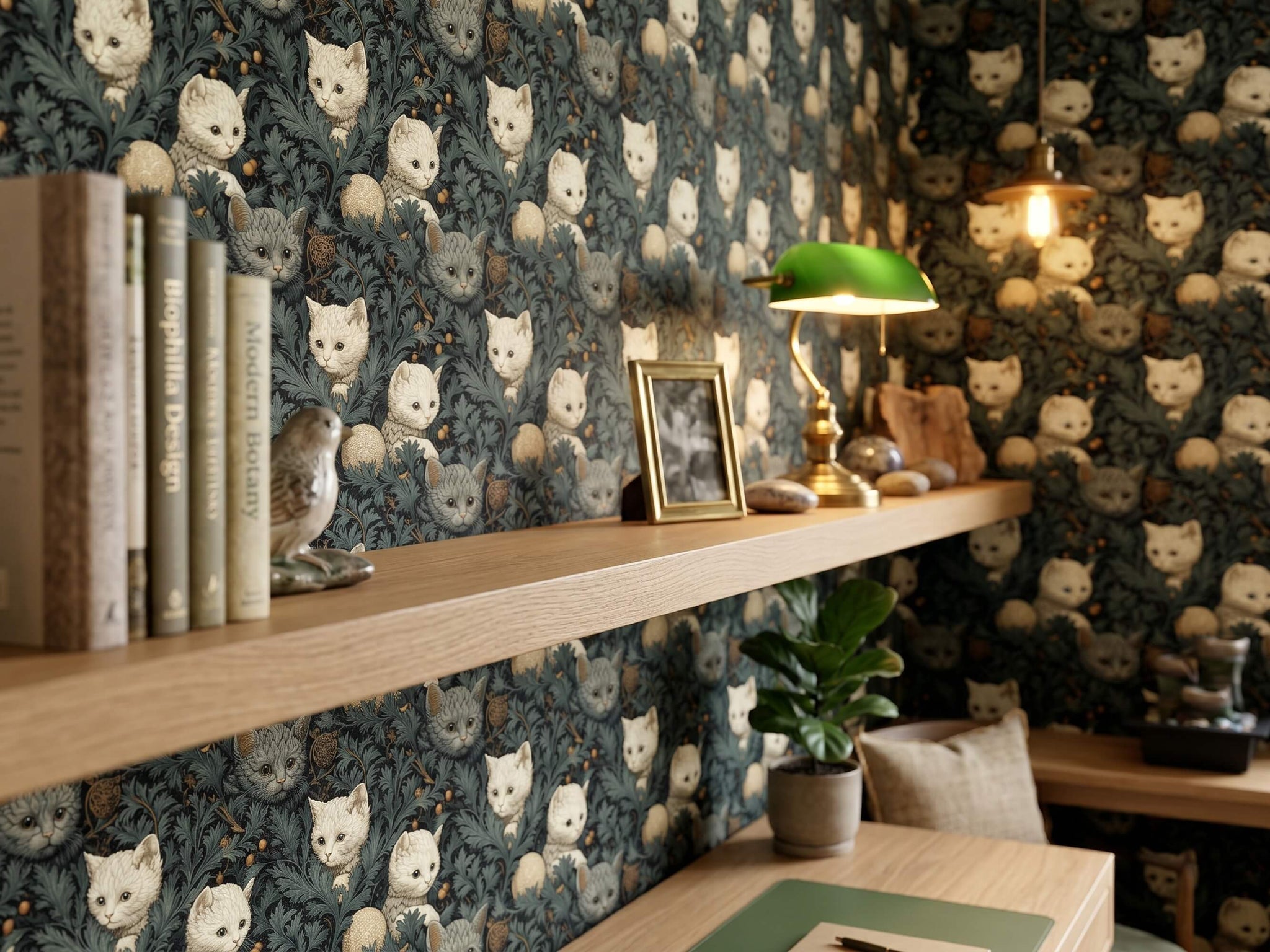 Quirky Cat Botanical Peel Stick Wallpaper: Moody Teal Jungle Room Mural