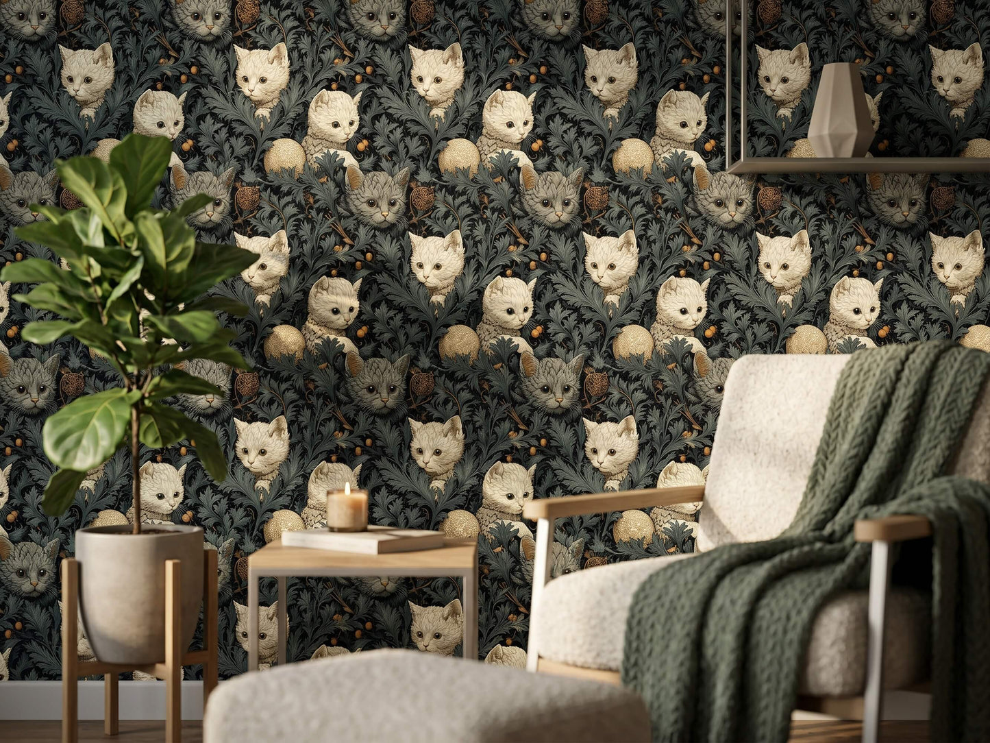 Quirky Cat Botanical Peel Stick Wallpaper: Moody Teal Jungle Room Mural