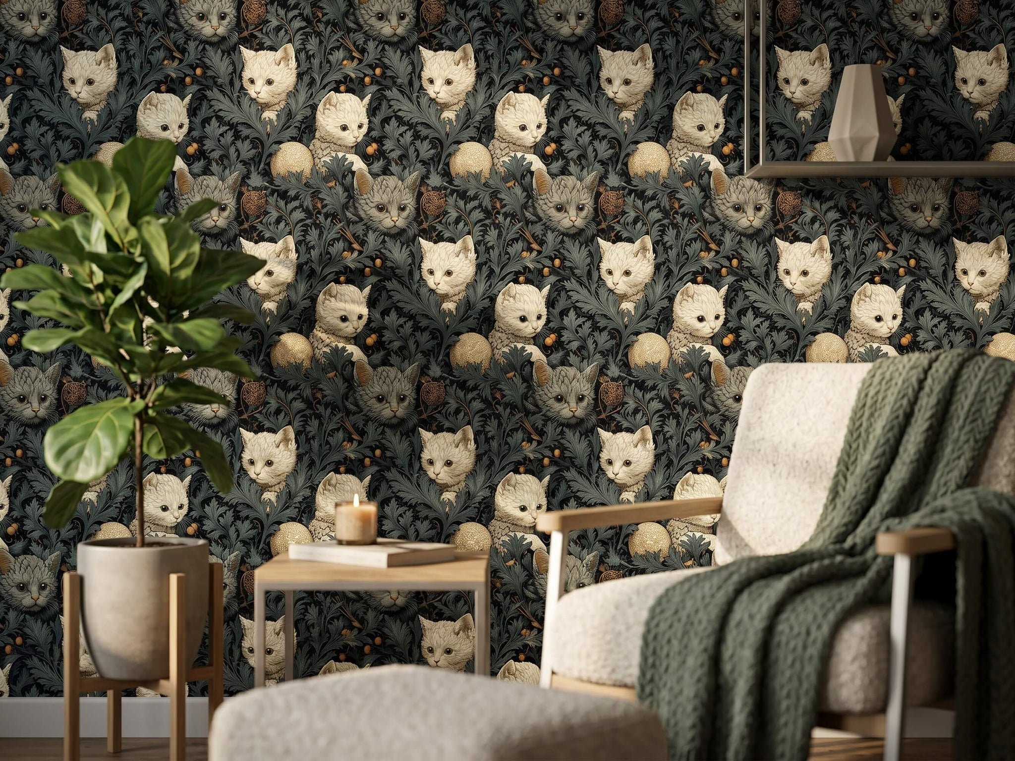 Quirky Cat Botanical Peel Stick Wallpaper: Moody Teal Jungle Room Mural