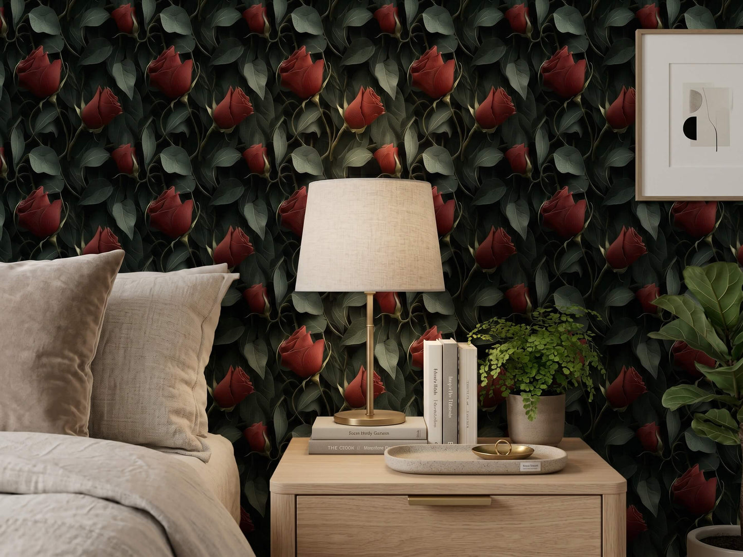Moody Red Rose Peel and Stick Wallpaper: Dark Floral Bedroom Wall Mural