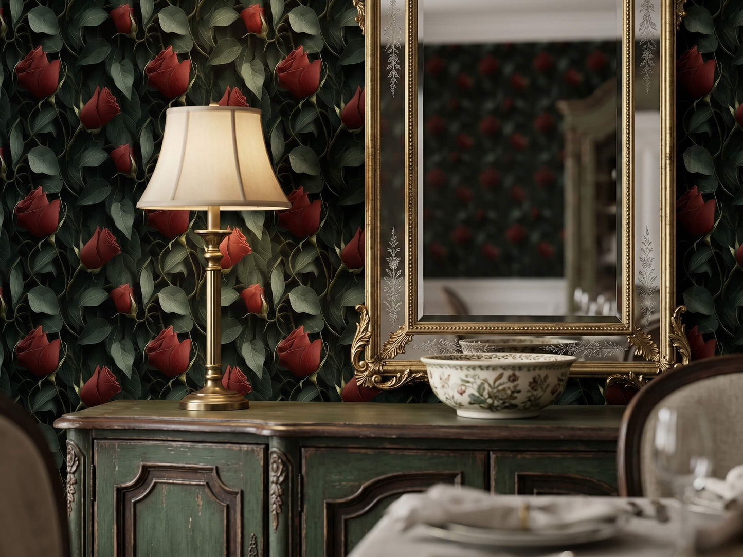 Moody Red Rose Peel and Stick Wallpaper: Dark Floral Bedroom Wall Mural