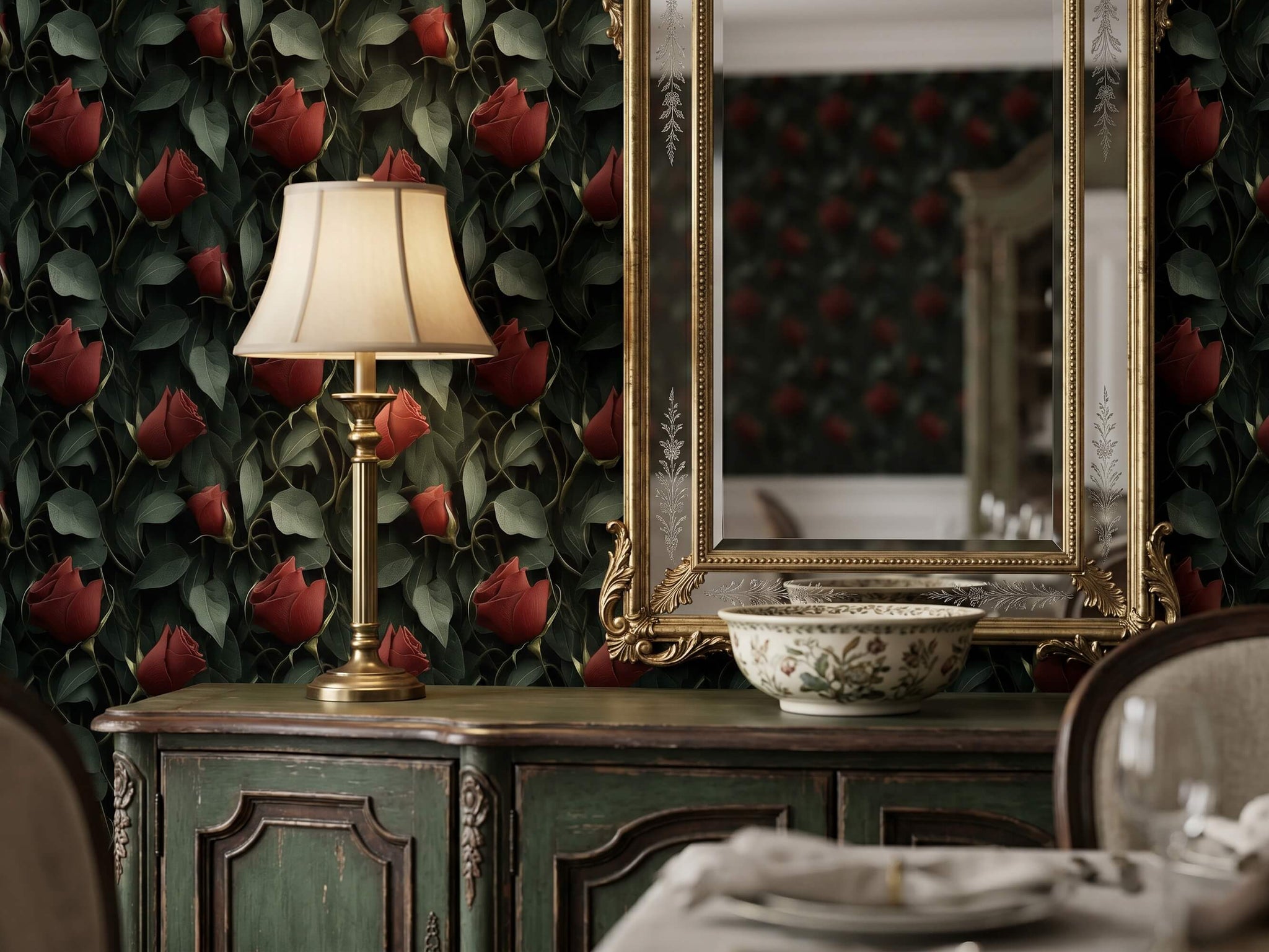 Moody Red Rose Peel and Stick Wallpaper: Dark Floral Bedroom Wall Mural