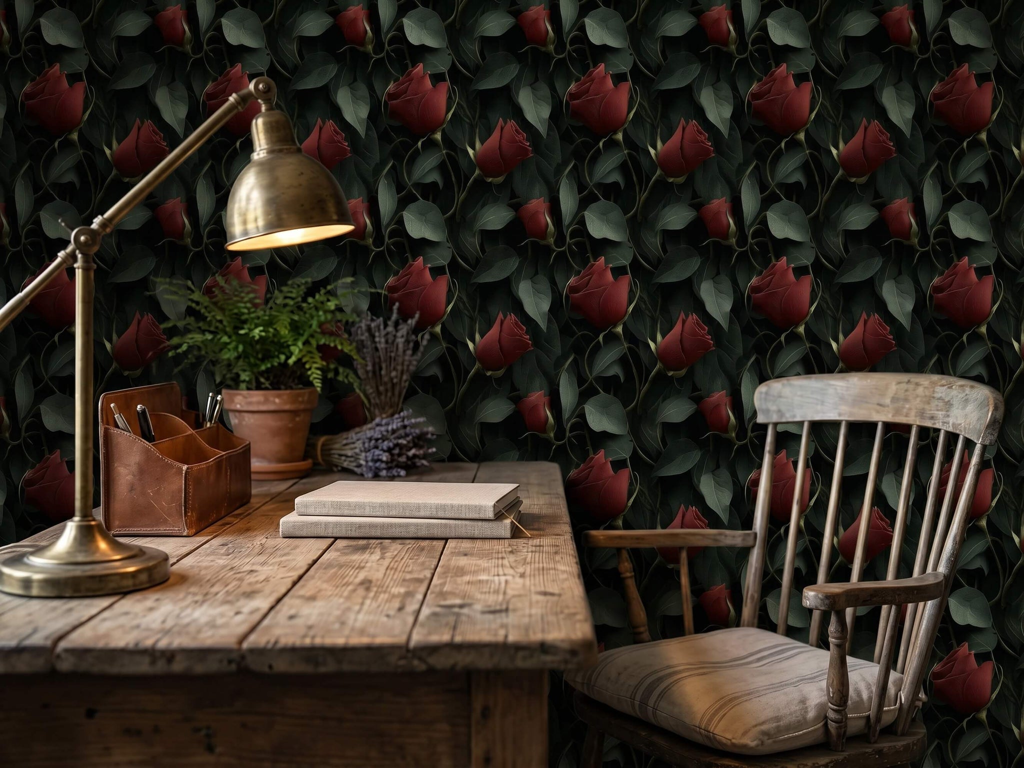 Moody Red Rose Peel and Stick Wallpaper: Dark Floral Bedroom Wall Mural
