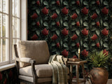 Moody Red Rose Peel and Stick Wallpaper: Dark Floral Bedroom Wall Mural