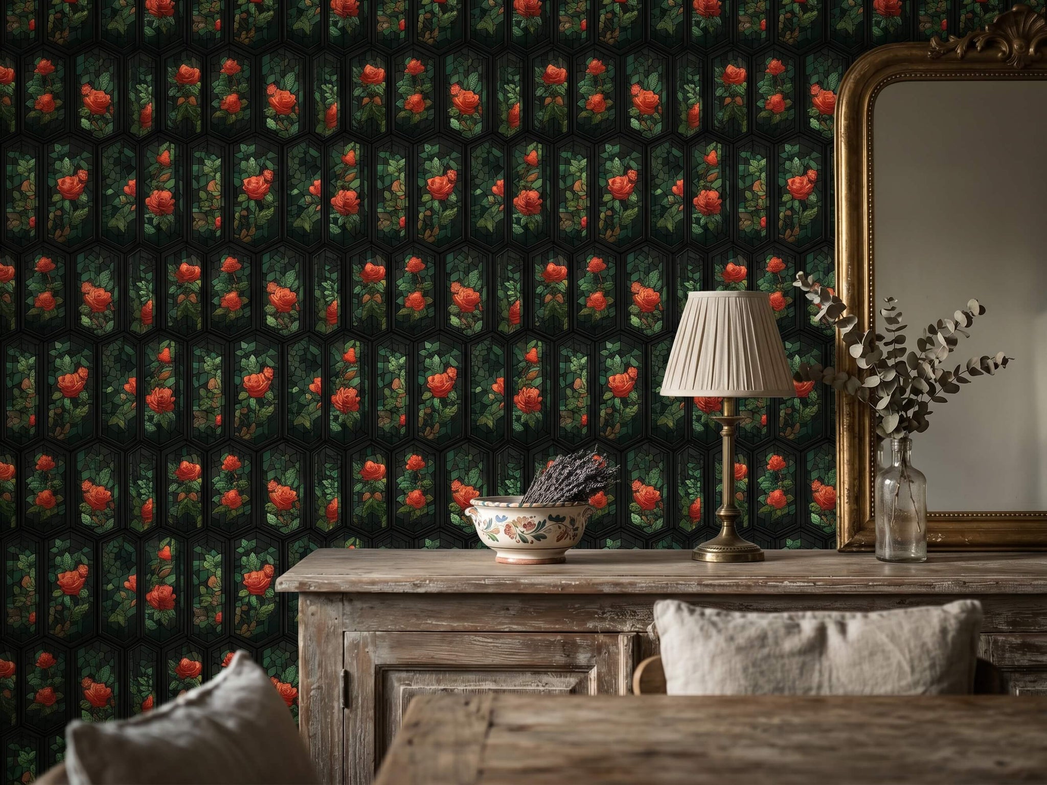 Stained Glass Rose Peel Stick Wallpaper: Dark Gothic Cathedral Floral Room Mural