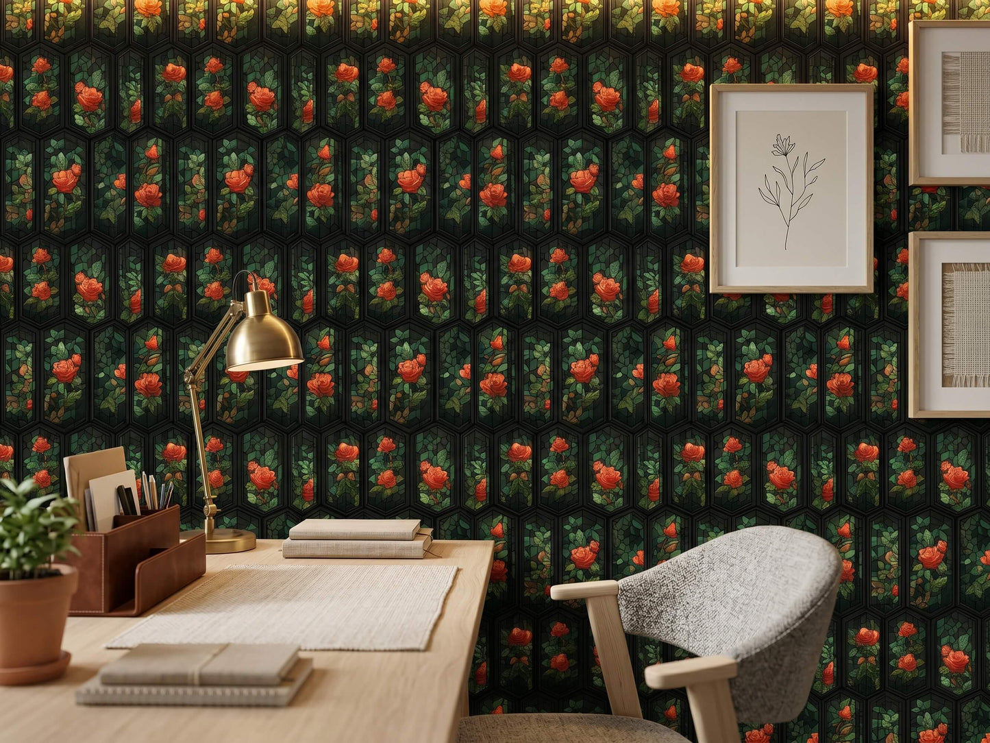 Stained Glass Rose Peel Stick Wallpaper: Dark Gothic Cathedral Floral Room Mural