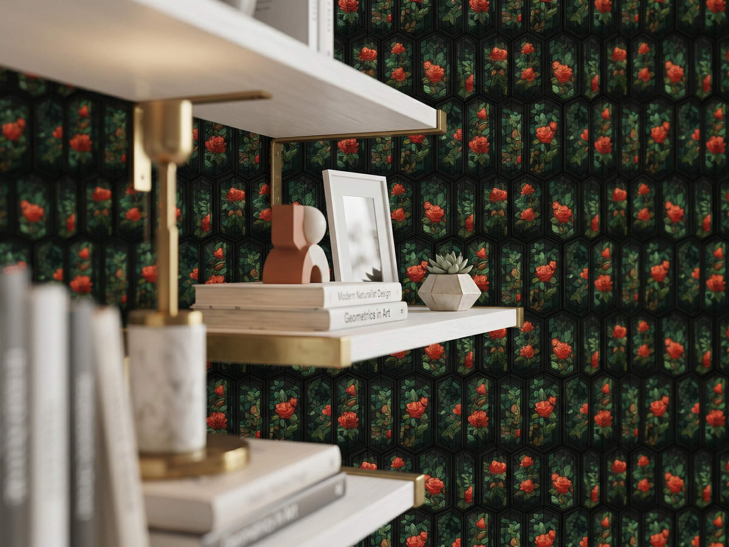 Stained Glass Rose Peel Stick Wallpaper: Dark Gothic Cathedral Floral Room Mural