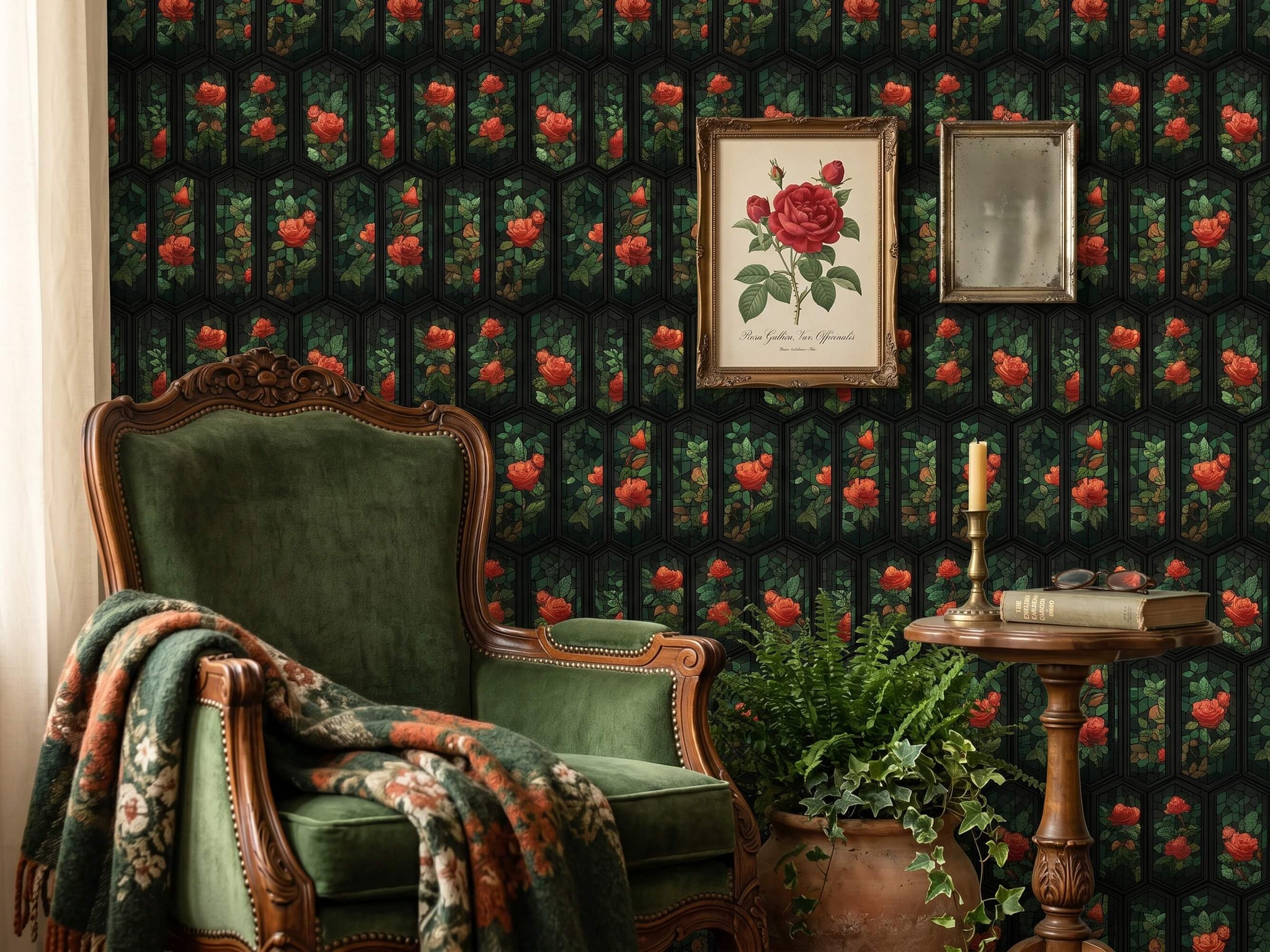 Stained Glass Rose Peel Stick Wallpaper: Dark Gothic Cathedral Floral Room Mural