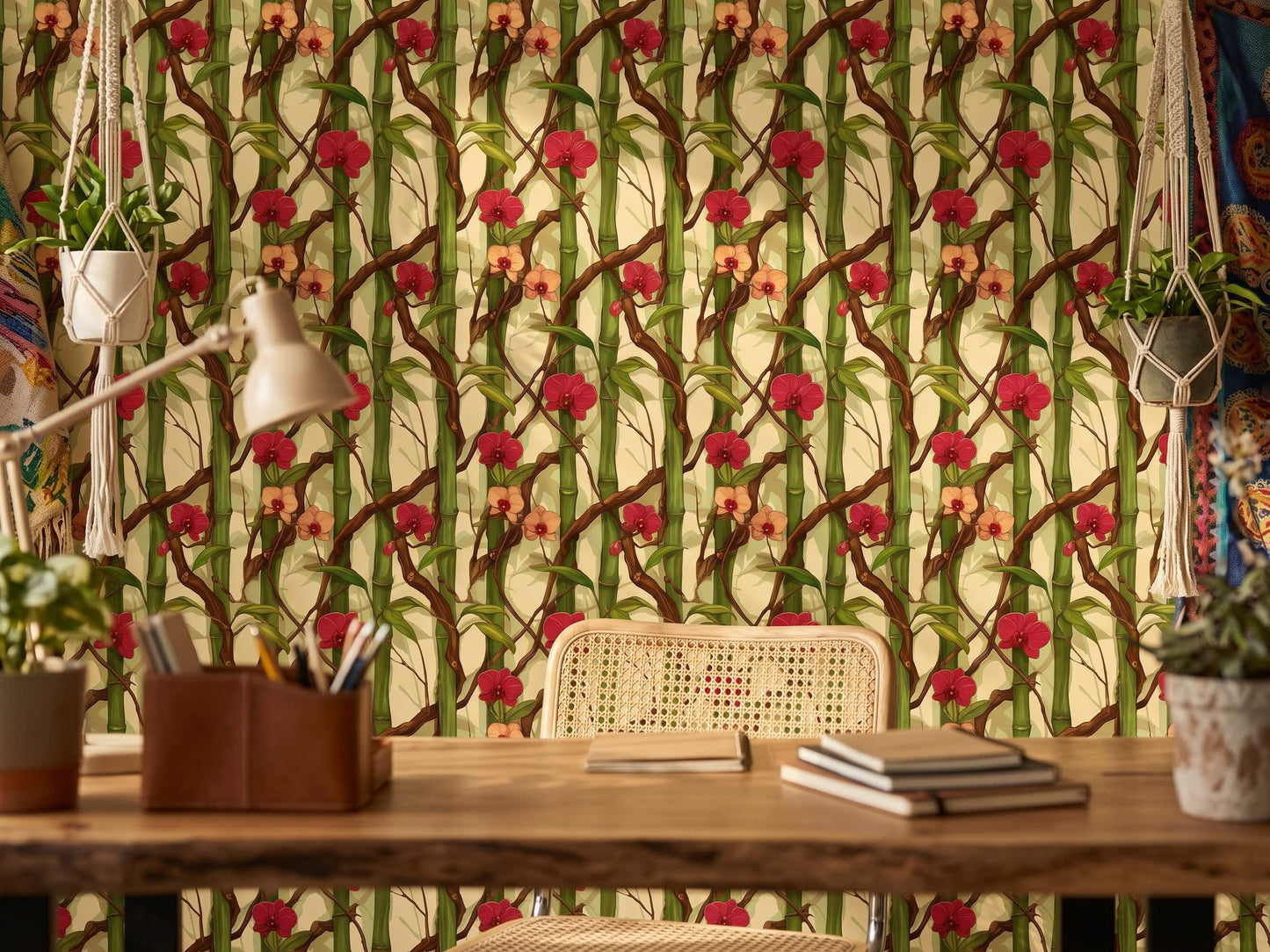 Bamboo Orchid Floral Peel Stick Wallpaper: Tropical Zen Bathroom Mural