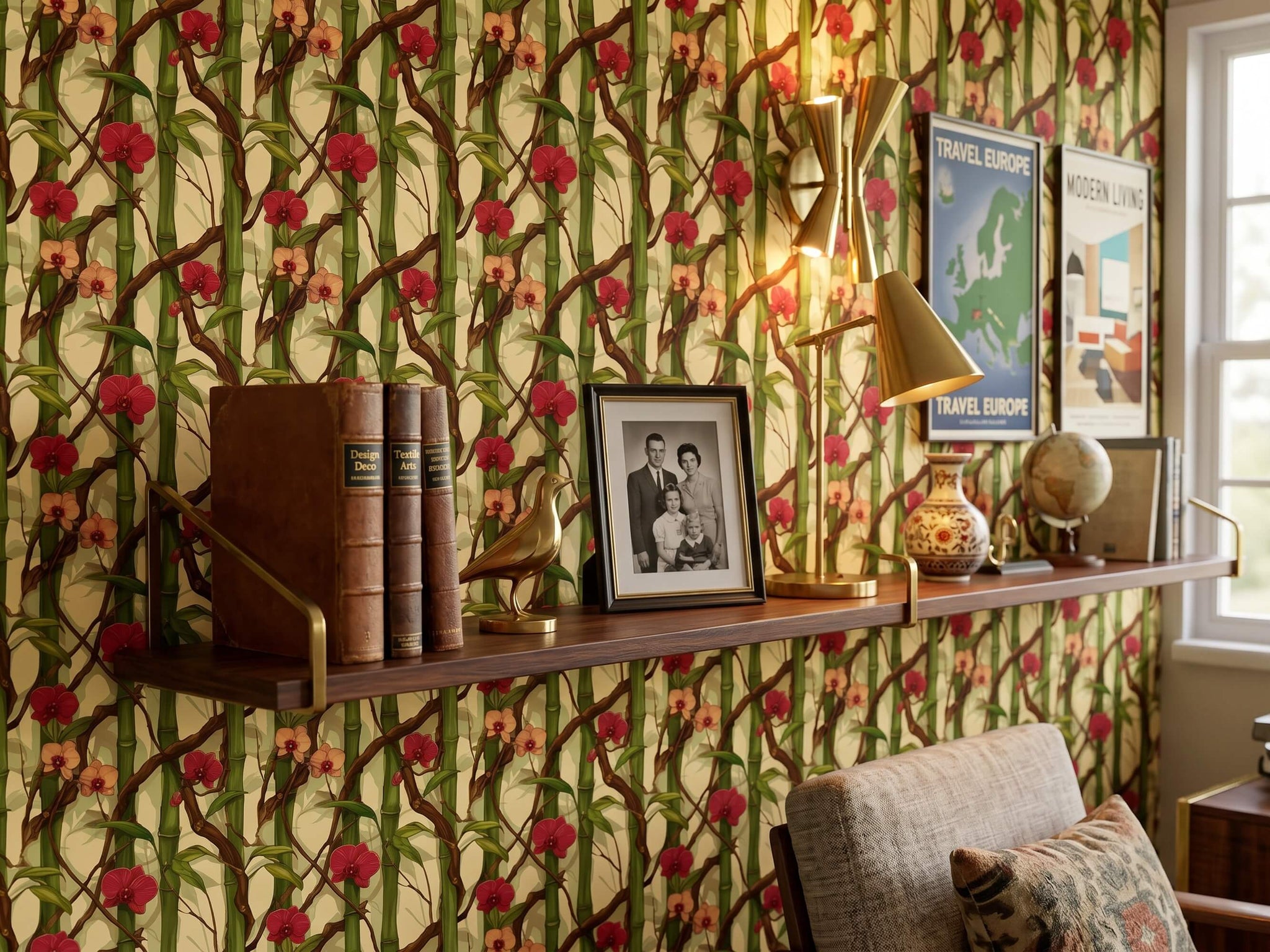 Bamboo Orchid Floral Peel Stick Wallpaper: Tropical Zen Bathroom Mural