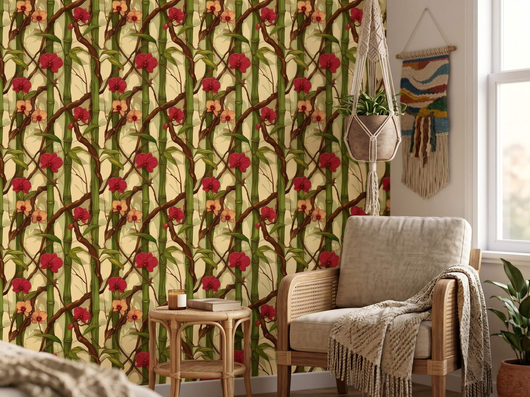 Bamboo Orchid Floral Peel Stick Wallpaper: Tropical Zen Bathroom Mural