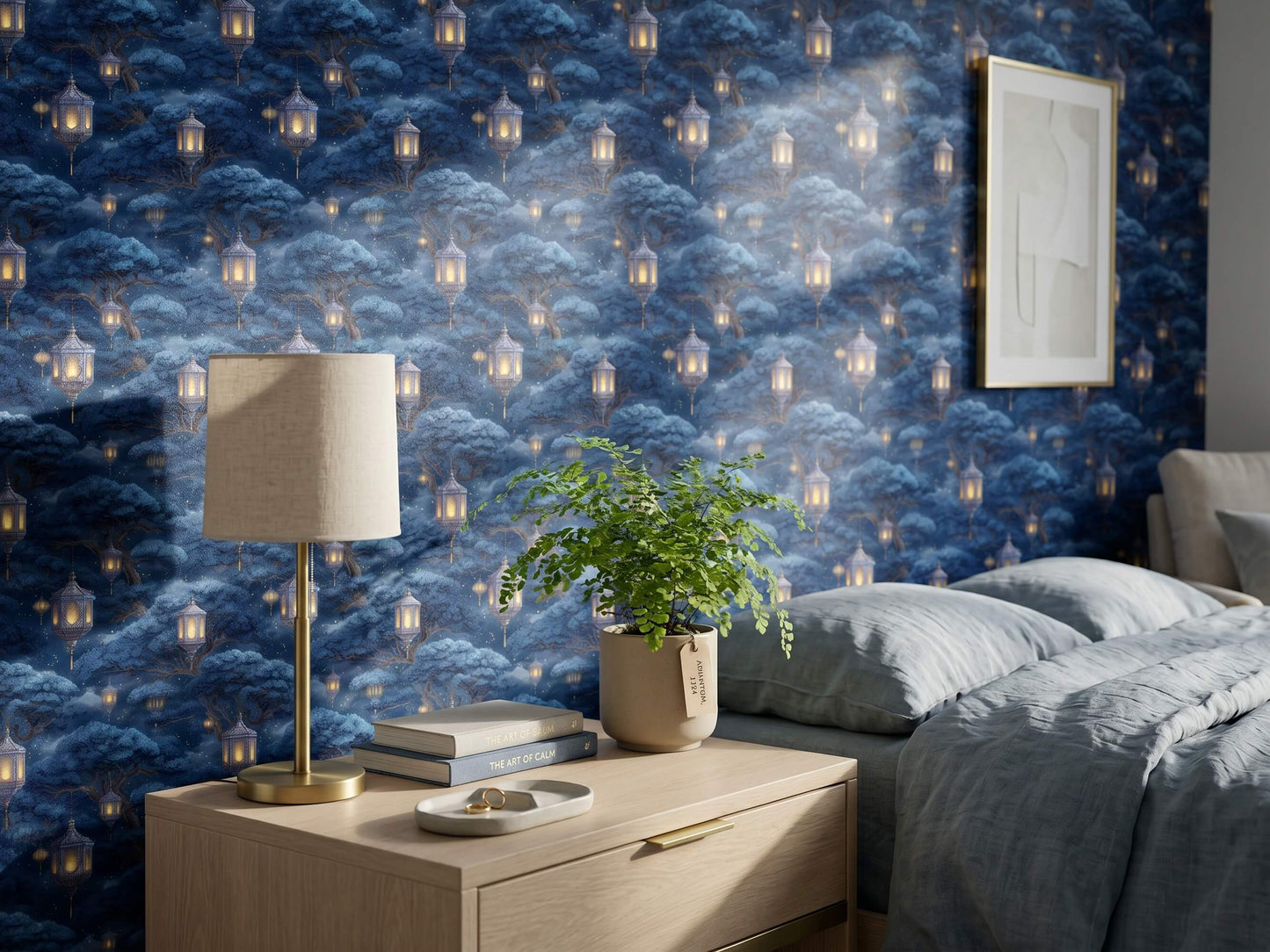 Blue Asian Lantern Peel Stick Wallpaper: Moody Celestial Night Forest Wall Mural