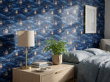 Blue Asian Lantern Peel Stick Wallpaper: Moody Celestial Night Forest Wall Mural