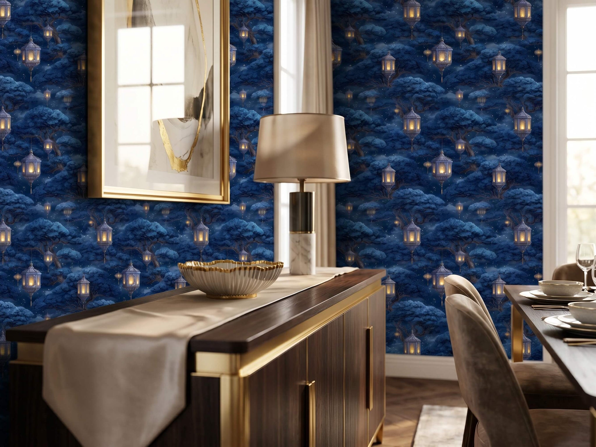 Blue Asian Lantern Peel Stick Wallpaper: Moody Celestial Night Forest Wall Mural