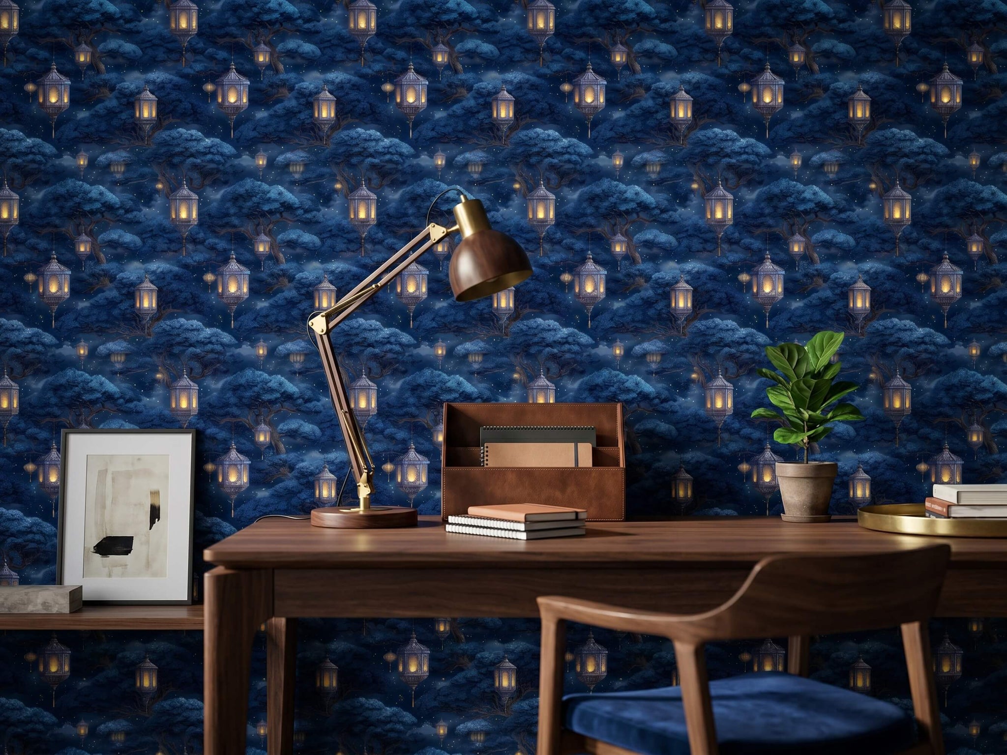 Blue Asian Lantern Peel Stick Wallpaper: Moody Celestial Night Forest Wall Mural