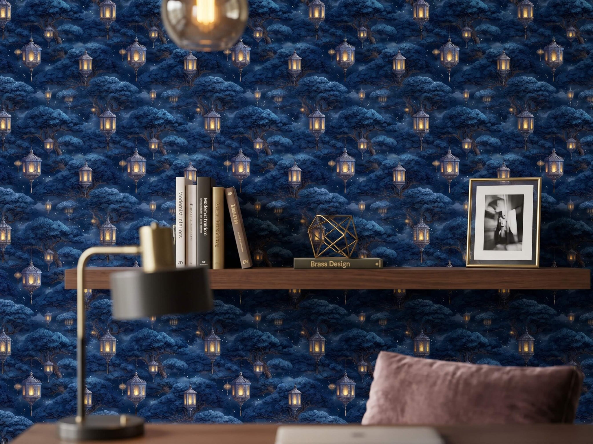 Blue Asian Lantern Peel Stick Wallpaper: Moody Celestial Night Forest Wall Mural