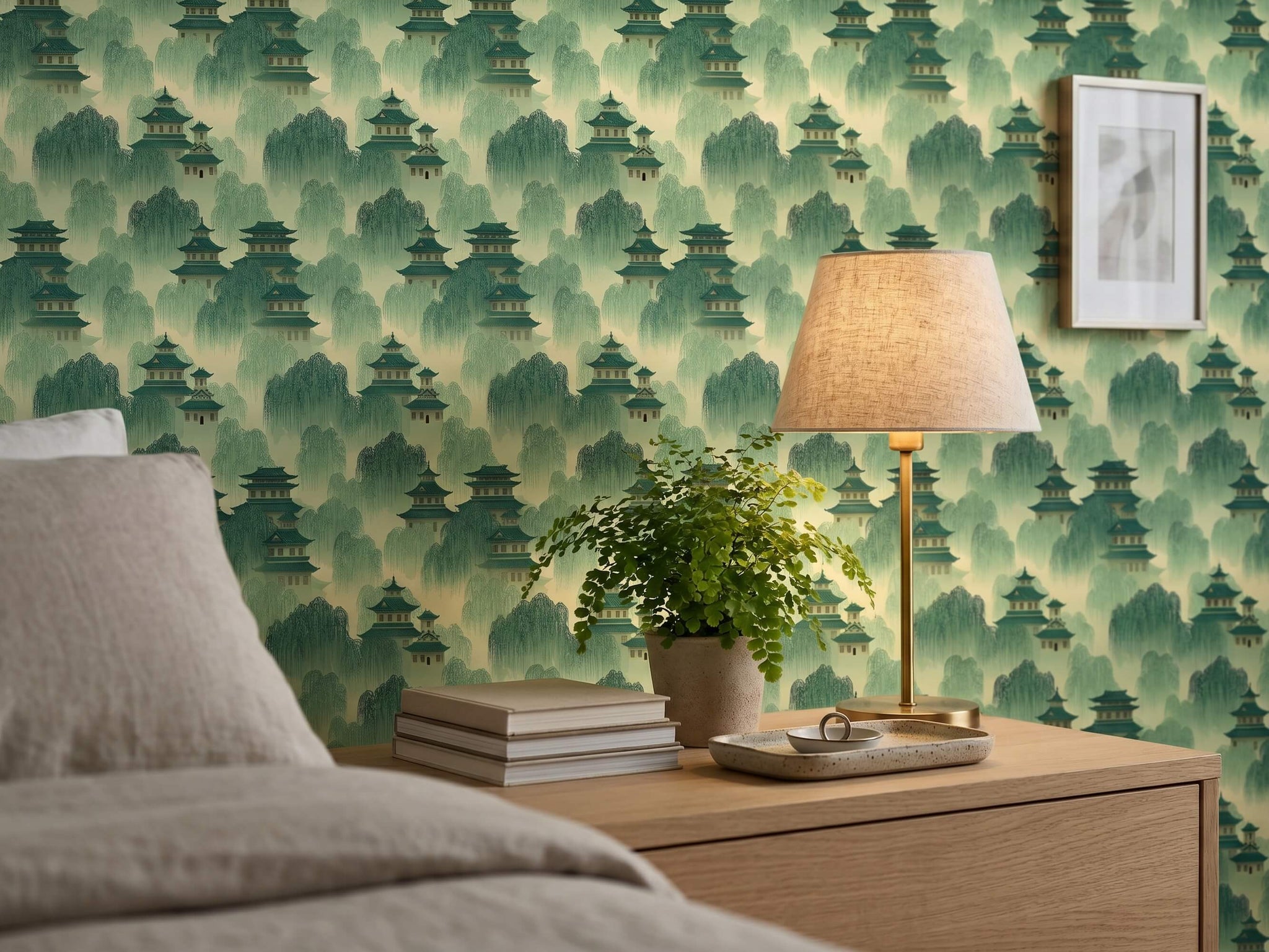 Green Pagoda Willow Peel Stick Wallpaper: Serene Asian Landscape Mural