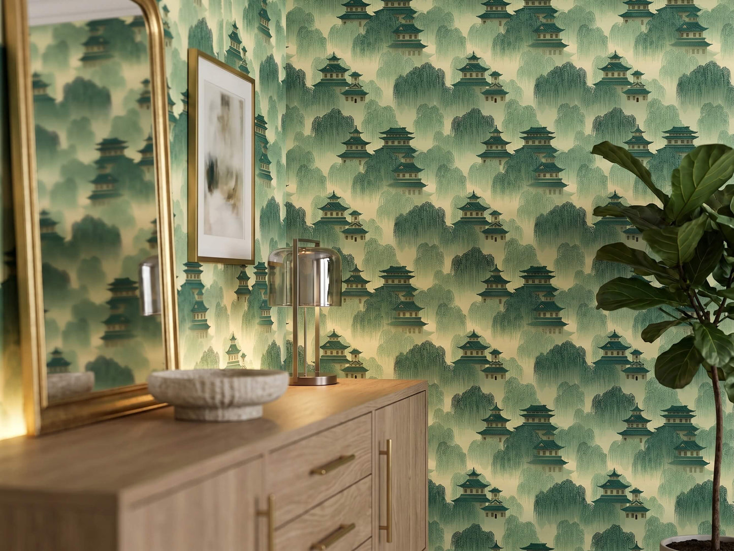 Green Pagoda Willow Peel Stick Wallpaper: Serene Asian Landscape Mural