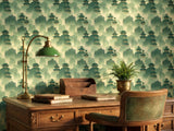 Green Pagoda Willow Peel Stick Wallpaper: Serene Asian Landscape Mural
