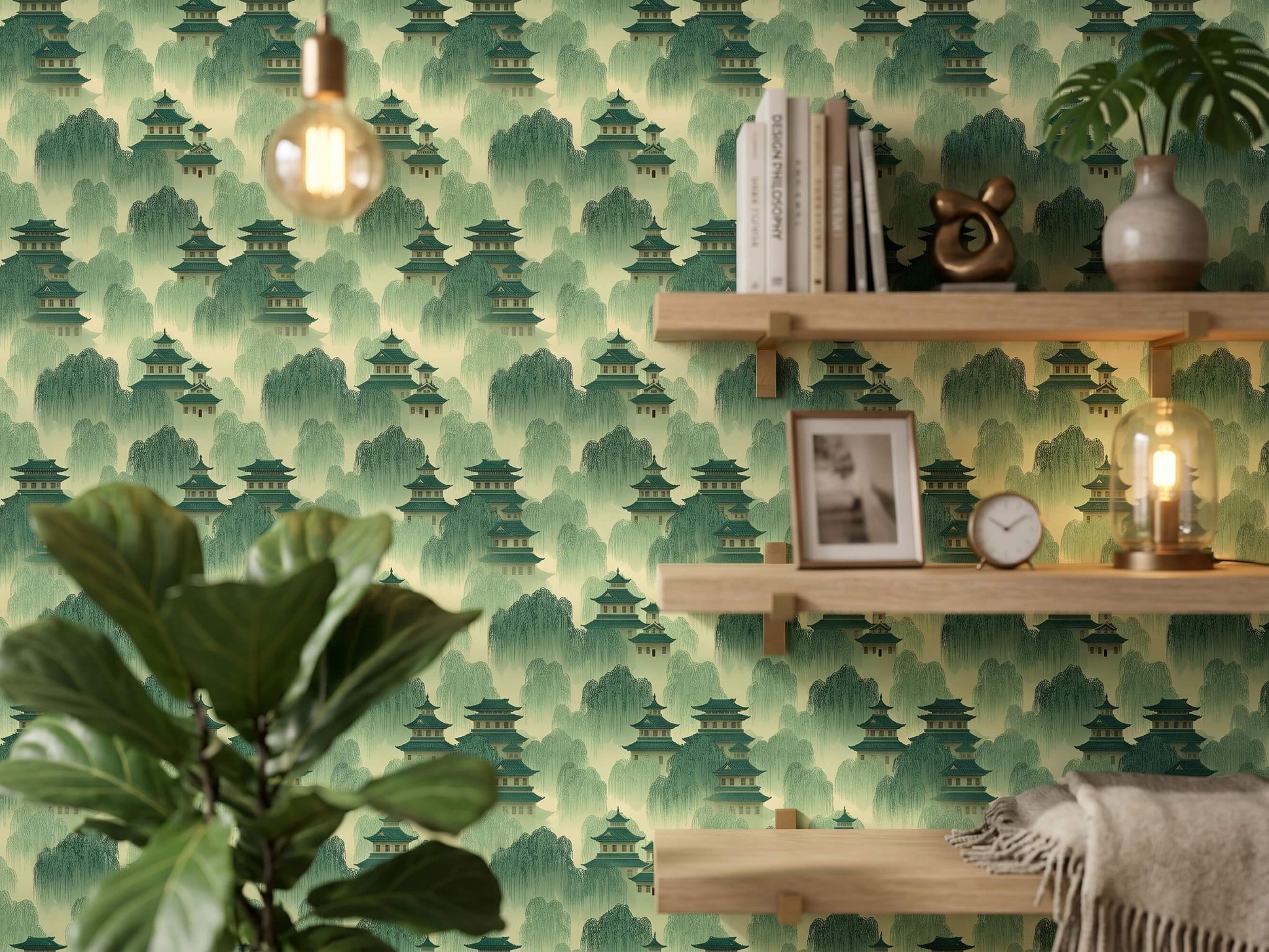 Green Pagoda Willow Peel Stick Wallpaper: Serene Asian Landscape Mural