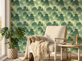 Green Pagoda Willow Peel Stick Wallpaper: Serene Asian Landscape Mural