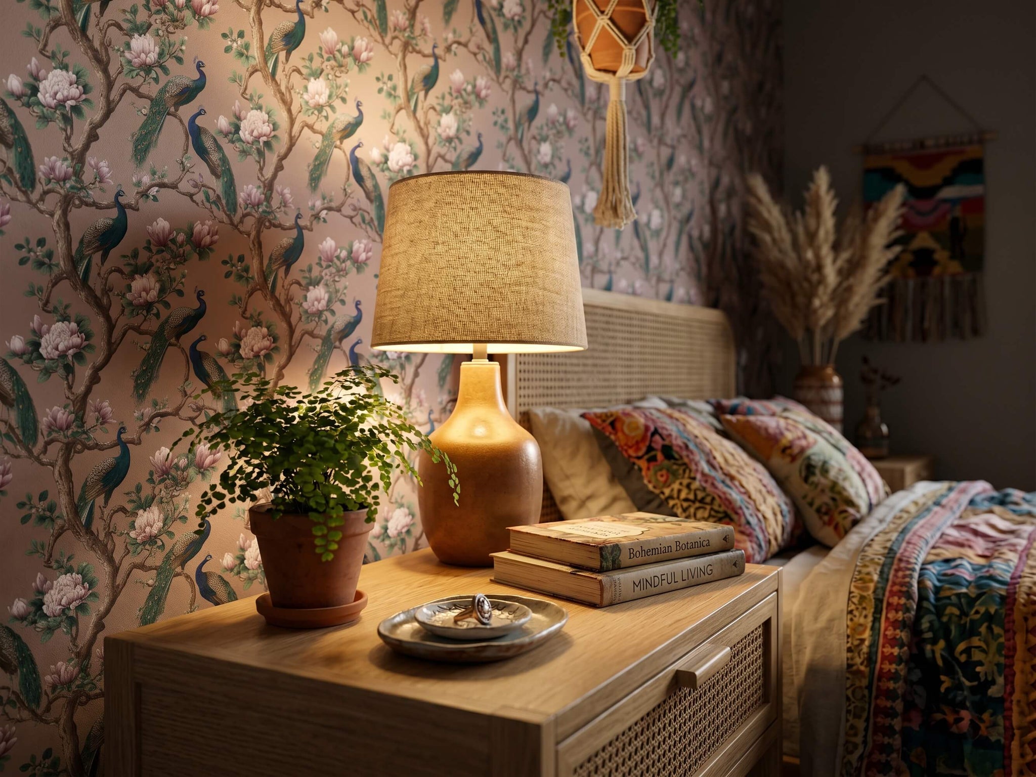 Elegant Pink Chinoiserie Wallpaper Mural with Vintage Peacocks and Spring Blossoms